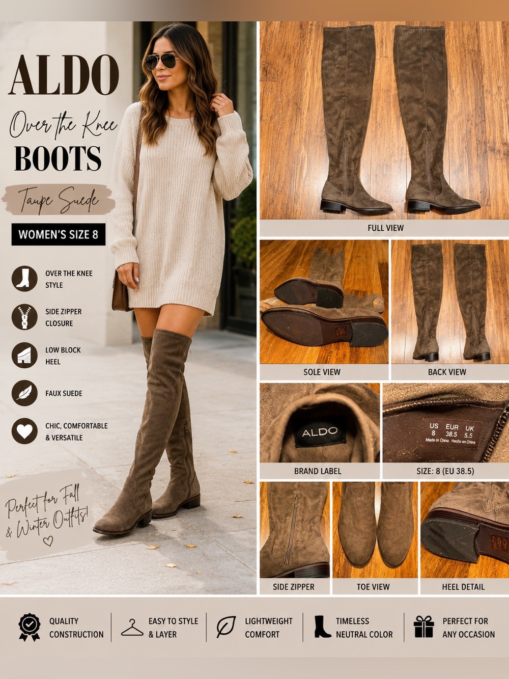 ALDO Taupe Faux Suede Over the Knee Boots Women’s Size 8